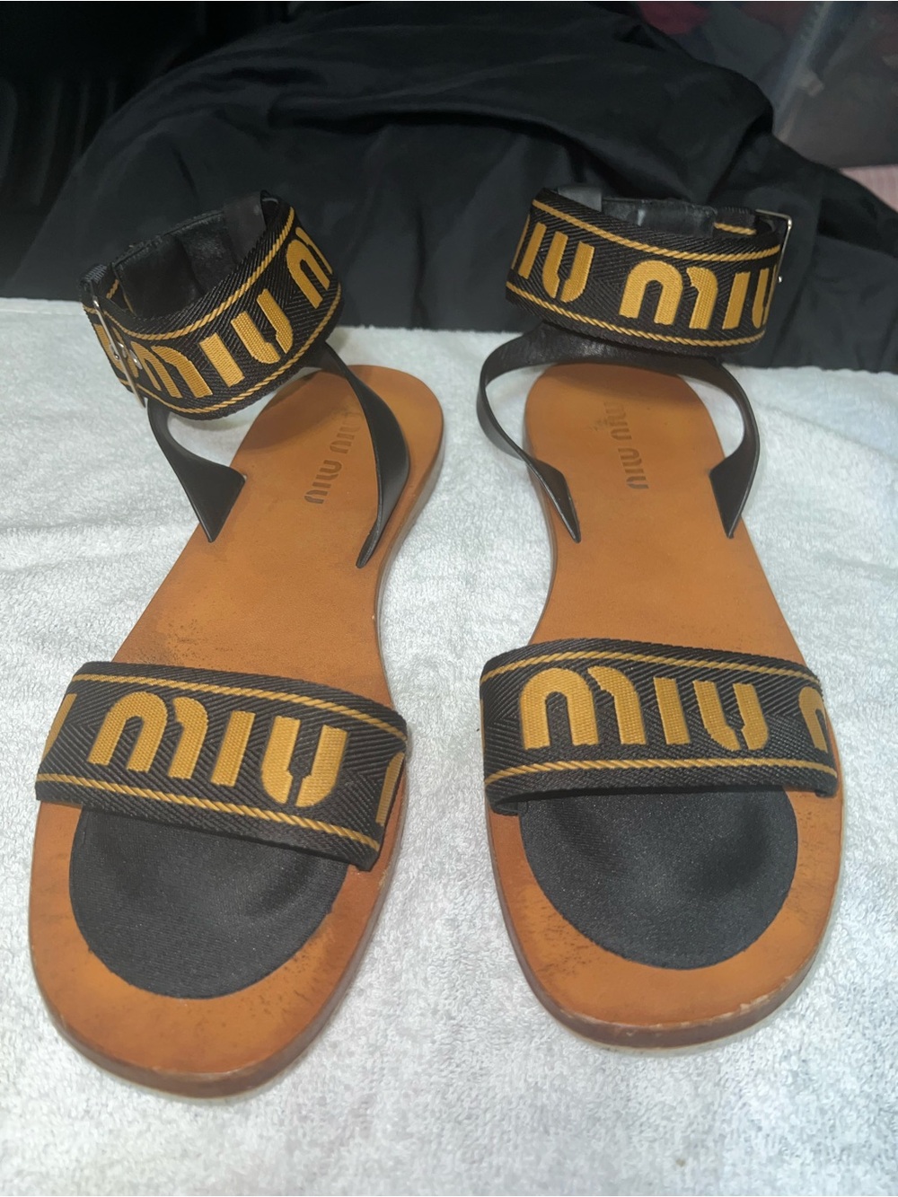 Miu Miu Black and Gold Logo Strap Tan Leather Sandals - Picture 4 of 7